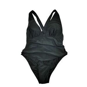 Saukole  Black One-Piece Swimsuit with Cross-Back Design and V-Neck Size‎ 14